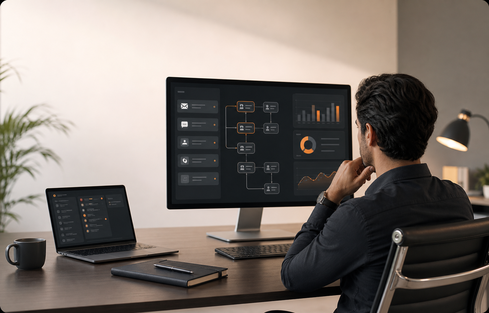 AI workflow dashboard mockup showing reporting and automation cards